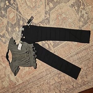 Star Ride & Paper Tee, Black Jeans Size 7 & Olive Green Ruffle Top Girls M NWT